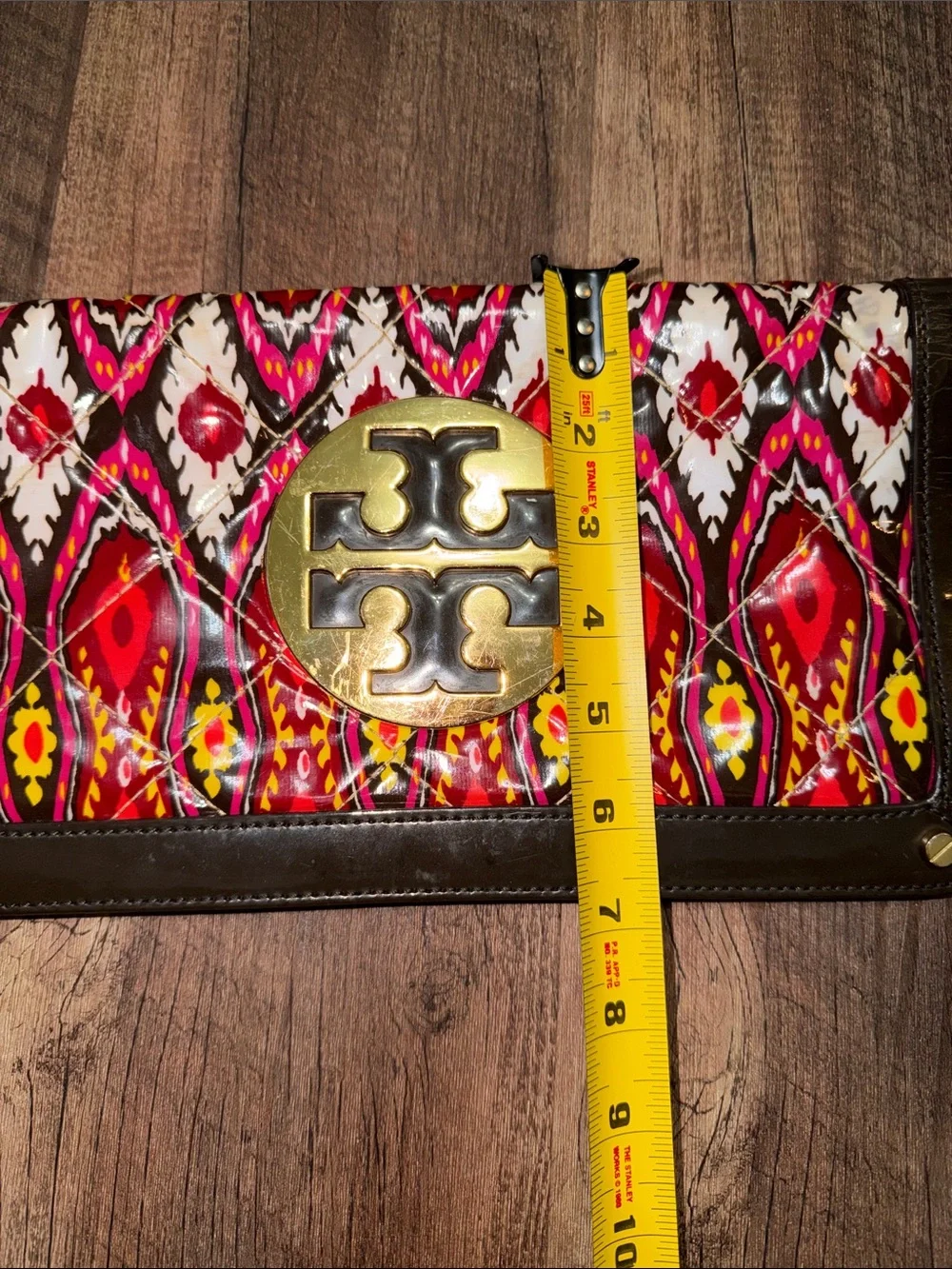 Tory Burch Red Multicolor Printed Patent Leather Clutch with Gold Logo